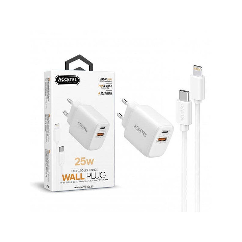 Carregador Carga Rápida De Parede 25W QC/PD 3.0 Dual Port A+C - Cabo Tipo-C A Lightning 1M